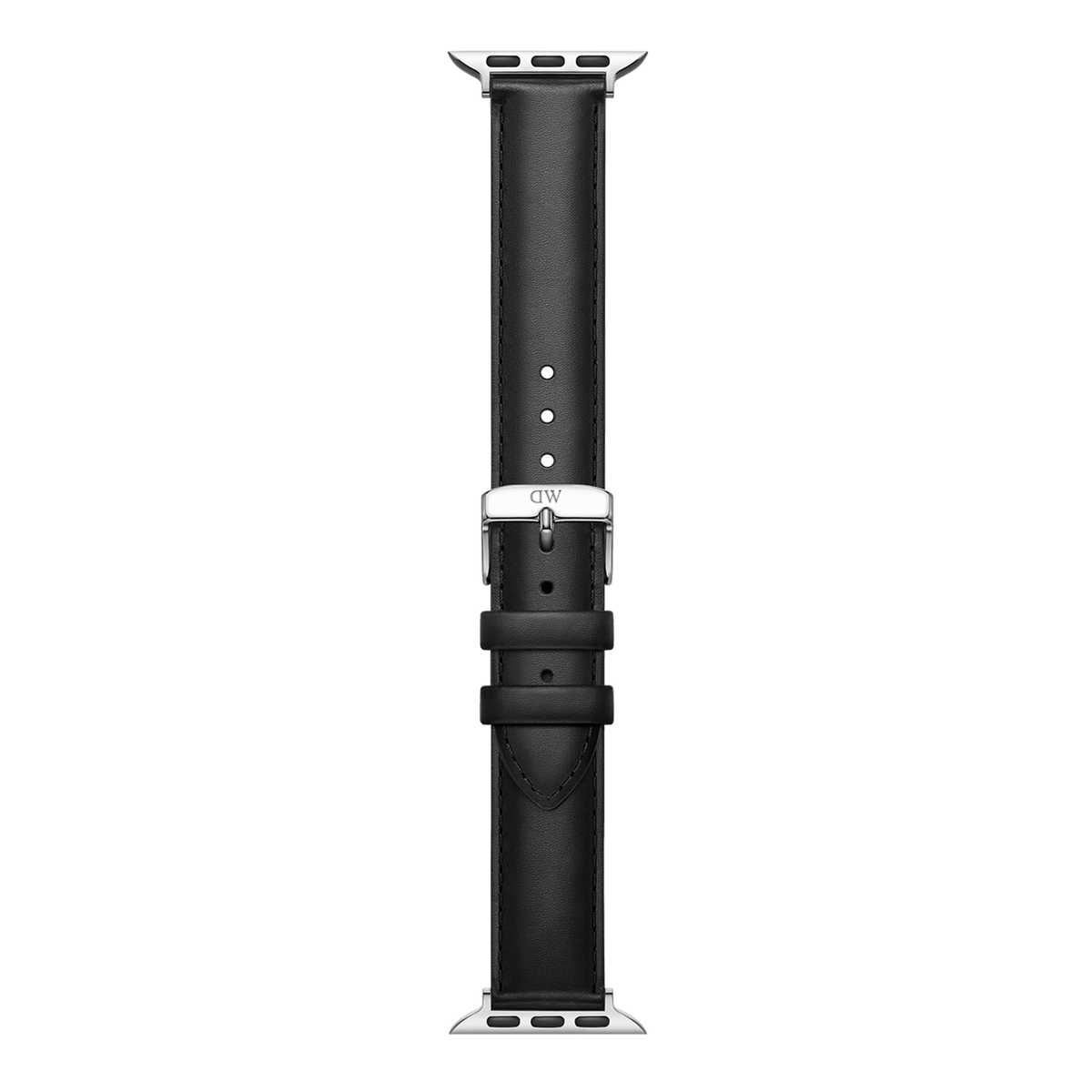 Daniel WellingtonのApple Watch対応ブラックレザーストラップを白背景で撮影した全体画像です。上下にシルバーのアダプターが装着され、ストラップ単体の端正なフォルムと滑らかな革の質感が確認できます。