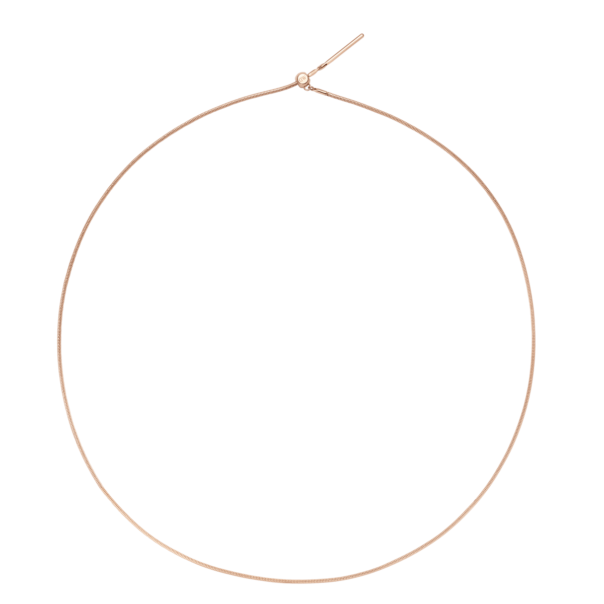 Daniel WellingtonのCharms Snake Bracelet ローズゴールドを円形に広げた状態の画像です。途切れのないスネークチェーンの繊細なラインと、先端のバー部分やスライド式留め具のディテールがよく分かります。