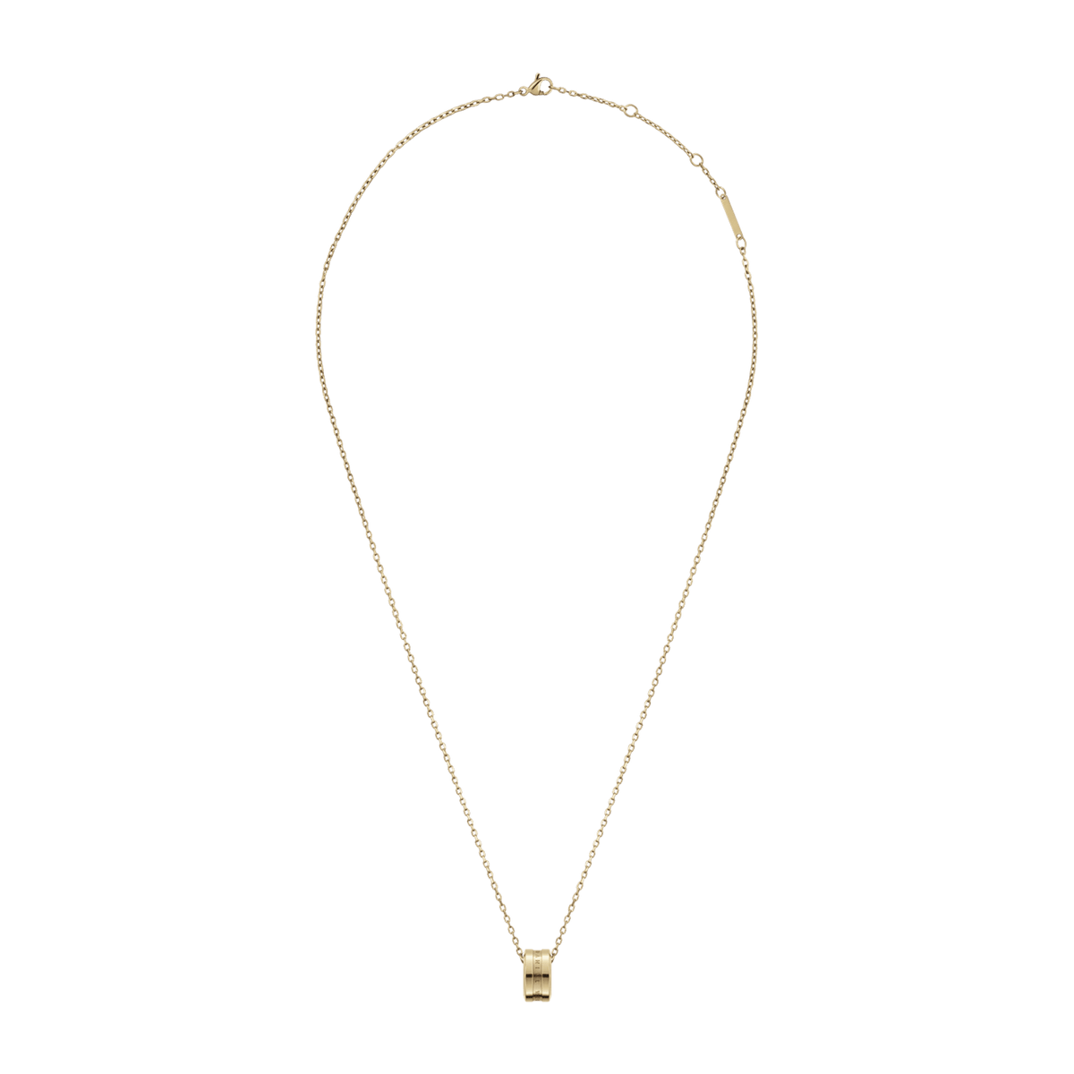 Elan Necklace Goldを白背景で撮影した商品画像です。ゴールドのケーブルチェーンが滴型に広がり、先端にはリングモチーフのペンダントトップがあしらわれています。チェーンの後部にはアジャスターとブランドプレートが付いています。