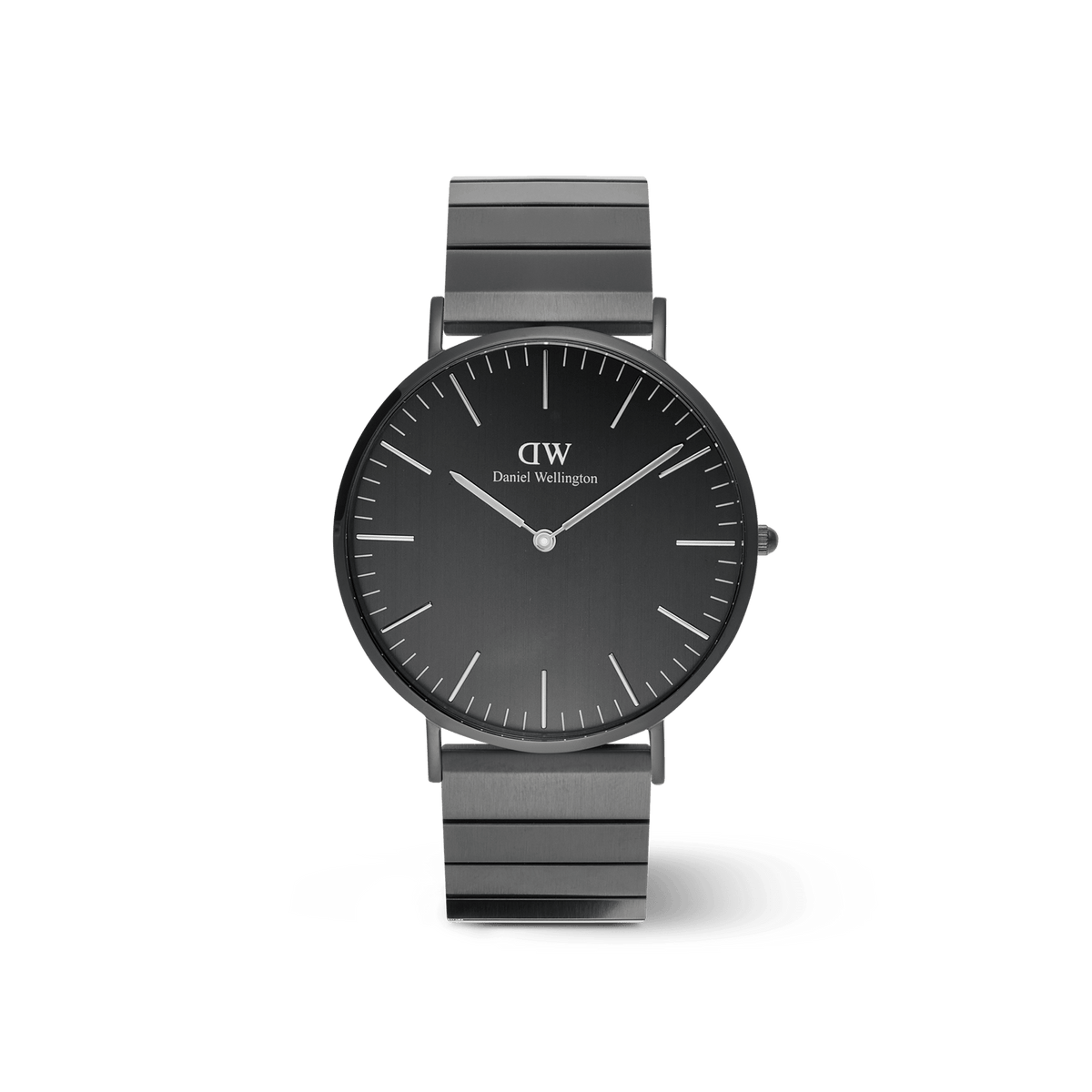 クラシックなデザインのPiano Link Onyx Unitone Blackを白背景で正面から撮影した商品画像です。ブラックの文字盤にシルバーのバーインデックスと針が映え、ピアノリンクストラップのブラッシュド面とポリッシュエッジの質感の違いがわかる一枚です。