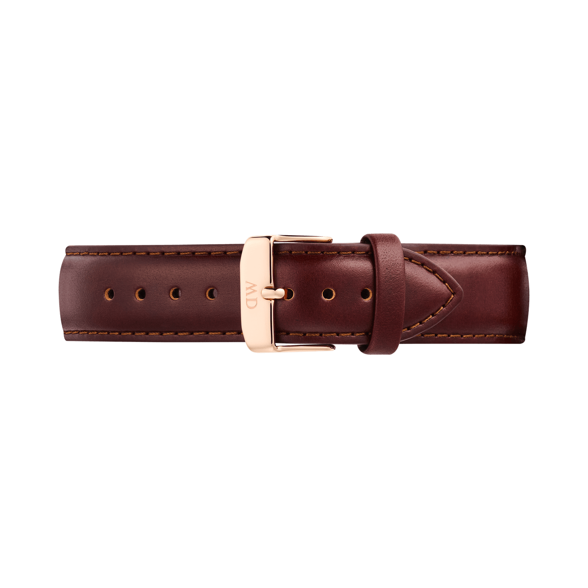 Daniel WellingtonのTapered St Mawesに使用されているレザーストラップです。落ち着いたブラウンのイタリアンレザーに、トーンオントーンのステッチが両サイドに施され、中央にはローズゴールドのピンバックルがあしらわれています。
