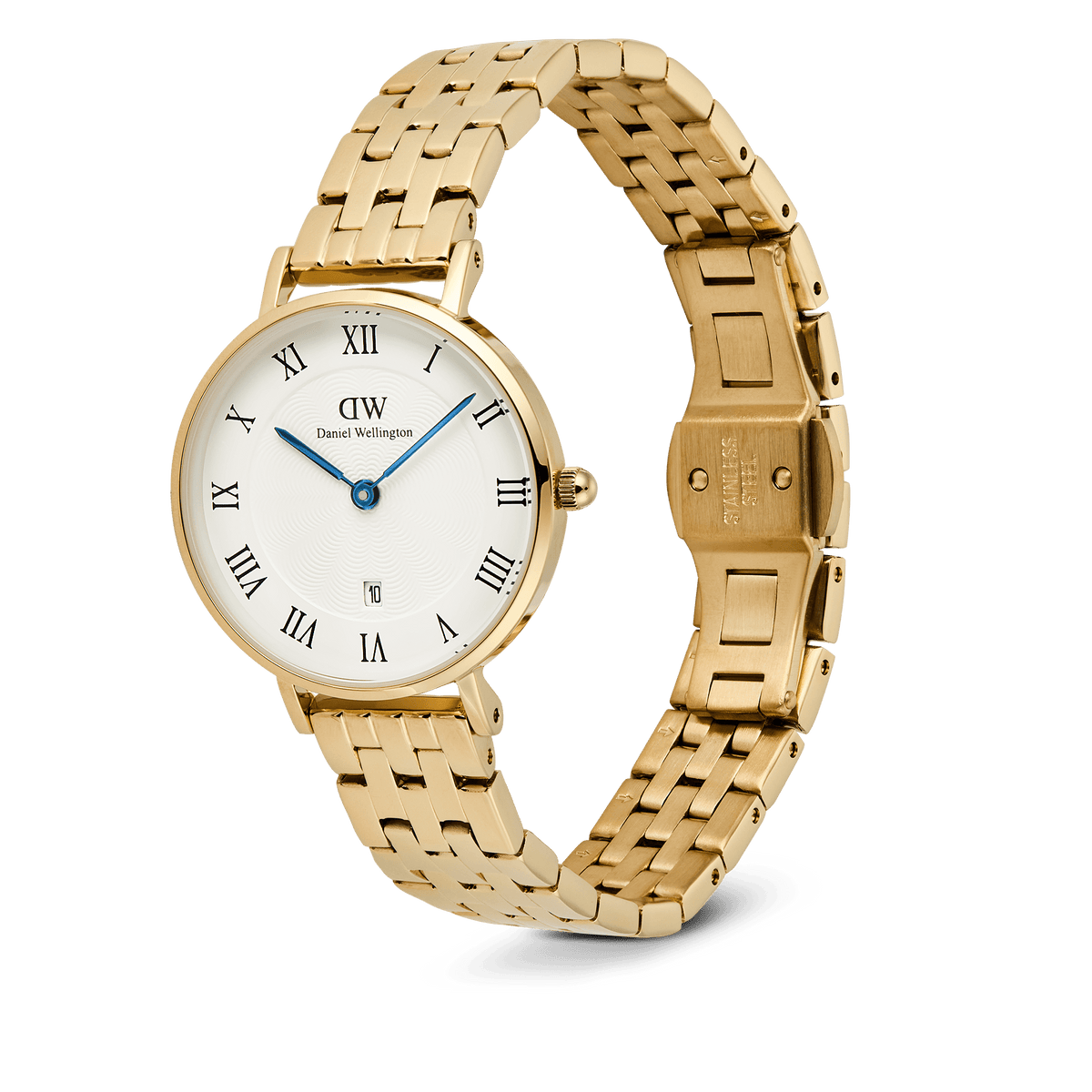 Petite Roman Numerals Date 5-link Goldを斜めから撮影した製品画像です。ギョーシェ模様のホワイトダイアルにブルーの針とローマ数字インデックスが映え、5リンクゴールドブレスレットのバタフライ式バックル部分のディテールが確認できます。