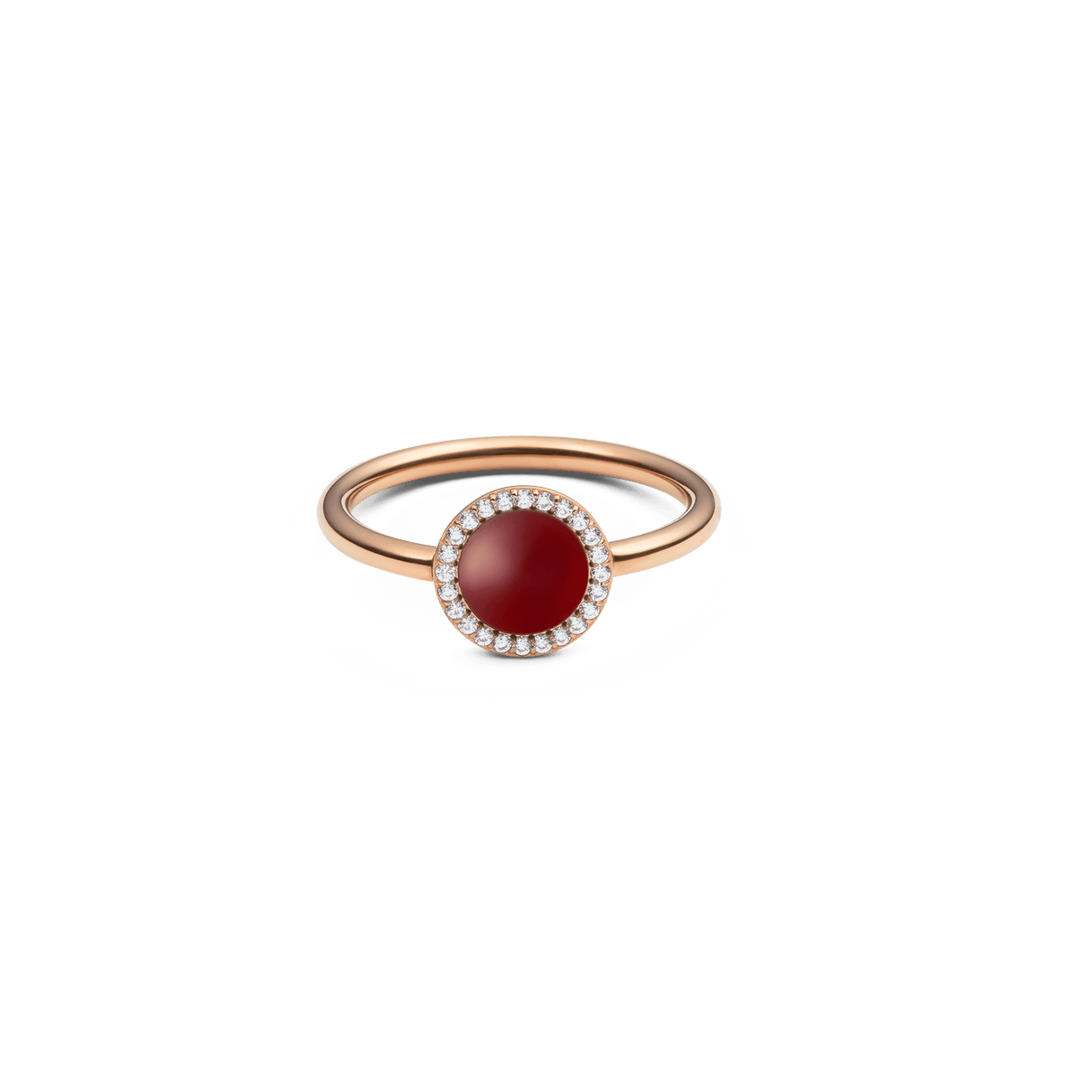 ダニエルウェリントン Audrey Ring Red Agatheの正面画像。ドーム型にカットされた深みのある赤メノウを中央に配し、その周囲をホワイトキュービックジルコニアのヘイロー(光輪)セッティングで囲んだローズゴールドの細身リングです。