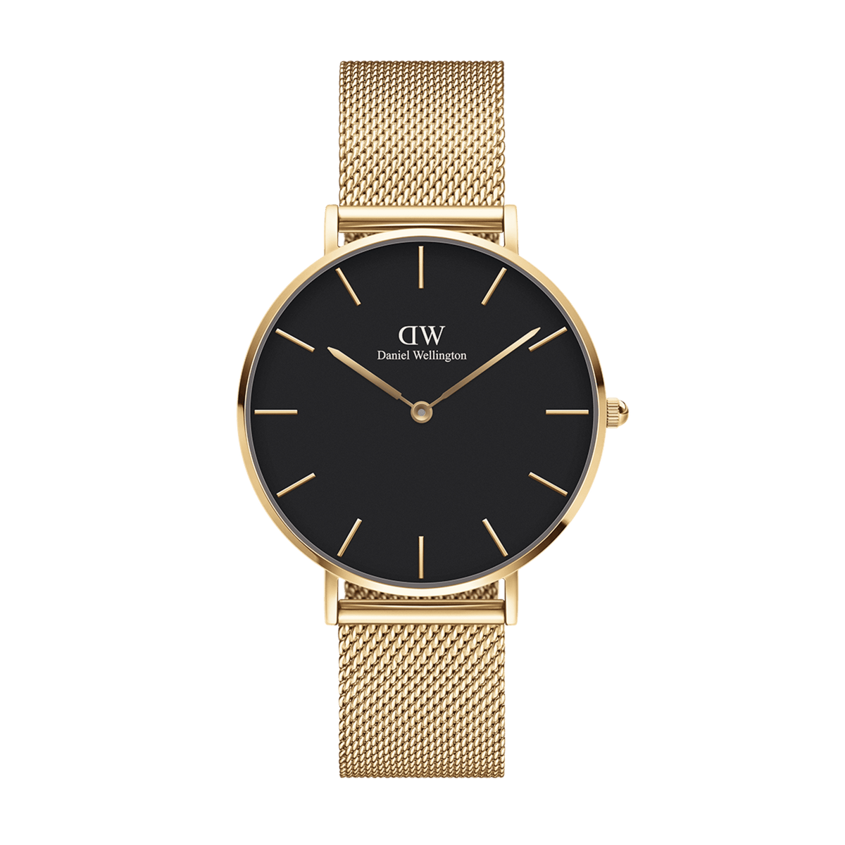 Daniel Wellington Petite Evergold Blackの正面画像。ブラックの文字盤にゴールドのバーインデックスと針が映え、ゴールドのメッシュストラップが上品な印象を与えるミニマルデザインの腕時計です。