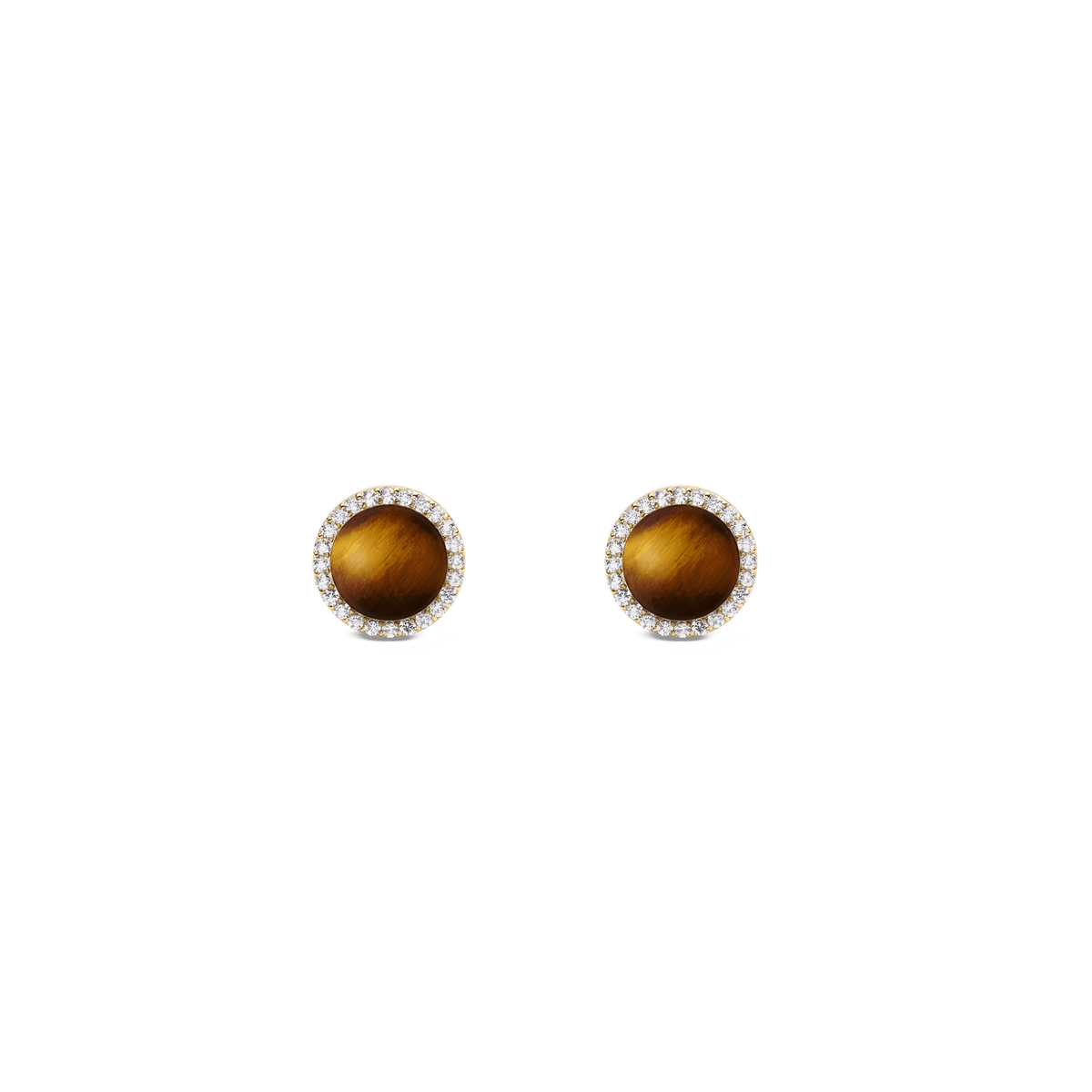 ダニエルウェリントンのAudrey Earrings Tiger Eye Goldは、ドーム型のタイガーアイを中央にあしらい、ホワイトキュービックジルコニアのヘイローで彩ったゴールドのスタッドピアスです。