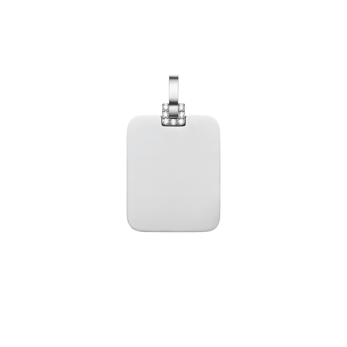 ダニエルウェリントンのシルバーペンダントトップ「Rectangular Detail Crystal Pendant S」。角を丸めたフラットなスクエアプレートに、小粒のクリスタルをあしらったベイル部分をクローズアップしたデザインです。