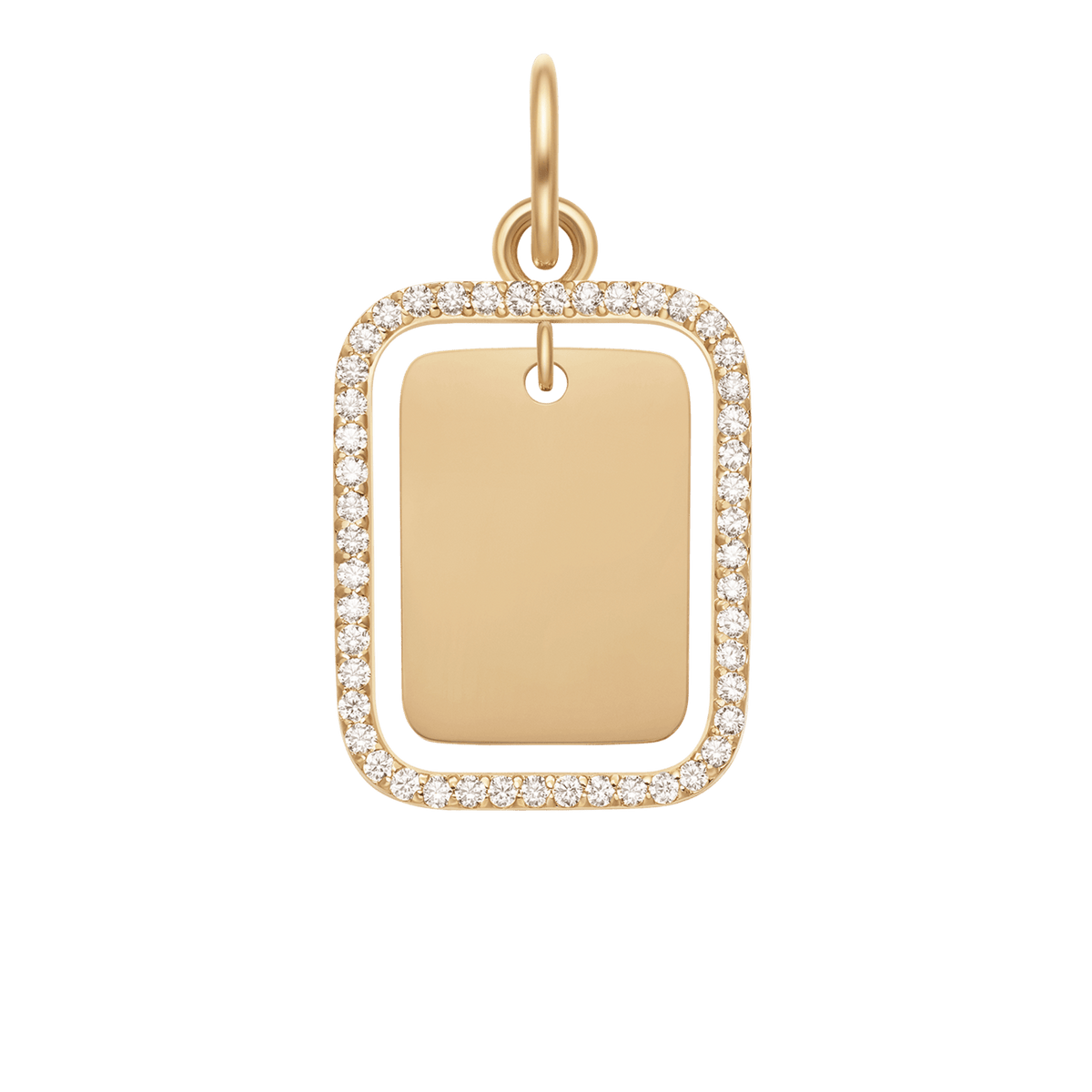 ダニエルウェリントン Rectangular Crystal Frame Pendant Gのクローズアップ画像。鏡面仕上げのゴールドプレートを縁取るようにクリスタルがセットされた、角丸長方形のペンダントチャームです。