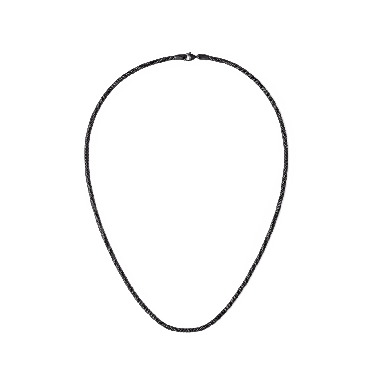 Daniel WellingtonのTide Mesh Necklace Black 2.8を全体的に捉えた画像です。ブラックのメッシュチェーンがループ状に配置され、細かな網目模様とロブスタークラスプが確認できます。