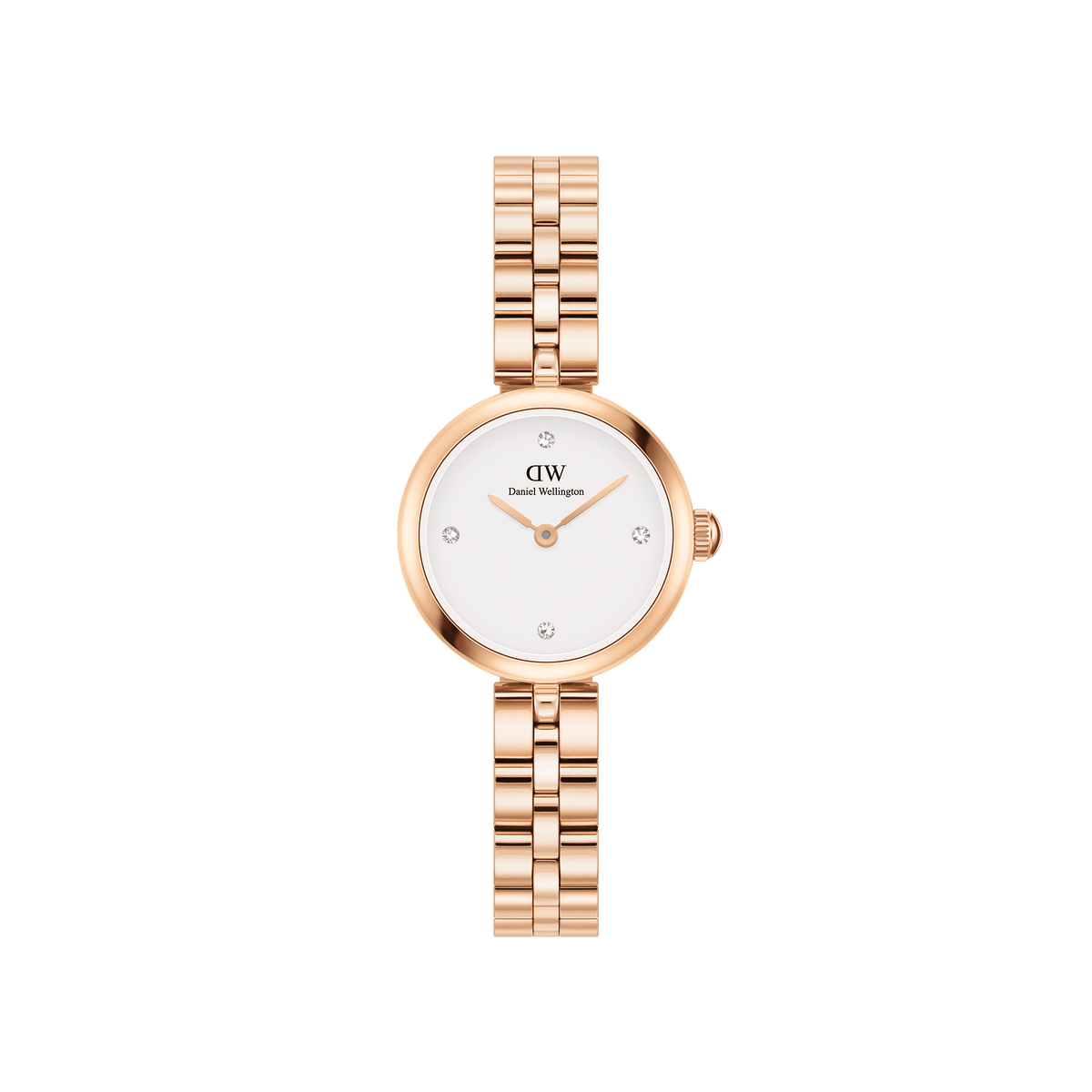 Daniel Wellington Elan Lumine Rose Goldの正面画像。ローズゴールドの3連ブレスレットとホワイトダイヤルに5つのクリスタルインデックスをあしらった、22mmサイズの女性向け腕時計です。