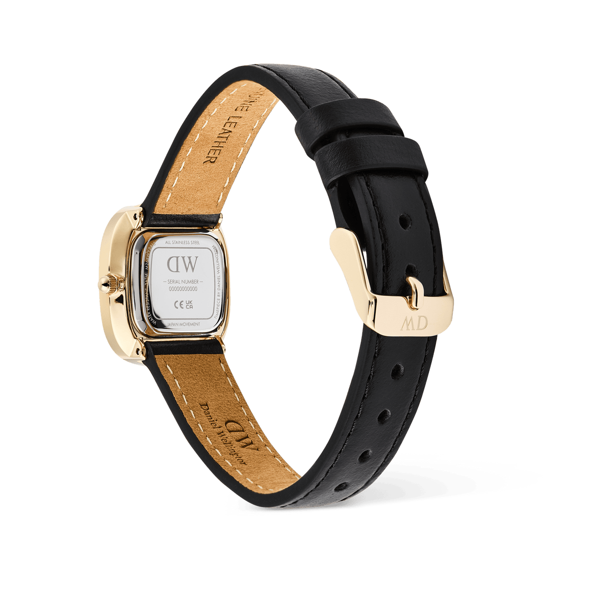 Margot Sheffield Unitone Sunray Goldの裏面を捉えた画像です。ゴールドのクッションケース裏蓋にはシリアルナンバーが刻印されており、ブラックレザーストラップの内側にはキャメルカラーの本革とホワイトステッチのディテールが確認できます。