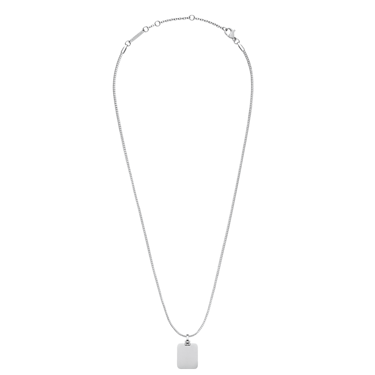白背景で撮影した、Rectangular Detail Crystal Pendant Sの俯瞰画像です。シルバーカラーの細身チェーンからクリスタル付きベイルを通してスクエアプレートが下がり、留め具やアジャスター部分までしっかりと確認できるレイアウトとなっています。