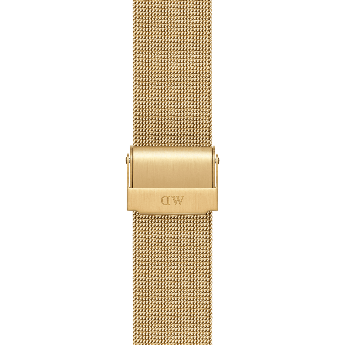 Smartwatch Strap Mesh Goldのクラスプ部分をクローズアップした画像です。ヘアライン仕上げのゴールドカラーのバックルにはDaniel Wellingtonのロゴが刻印されており、緻密に編み込まれたメッシュの質感が際立っています。