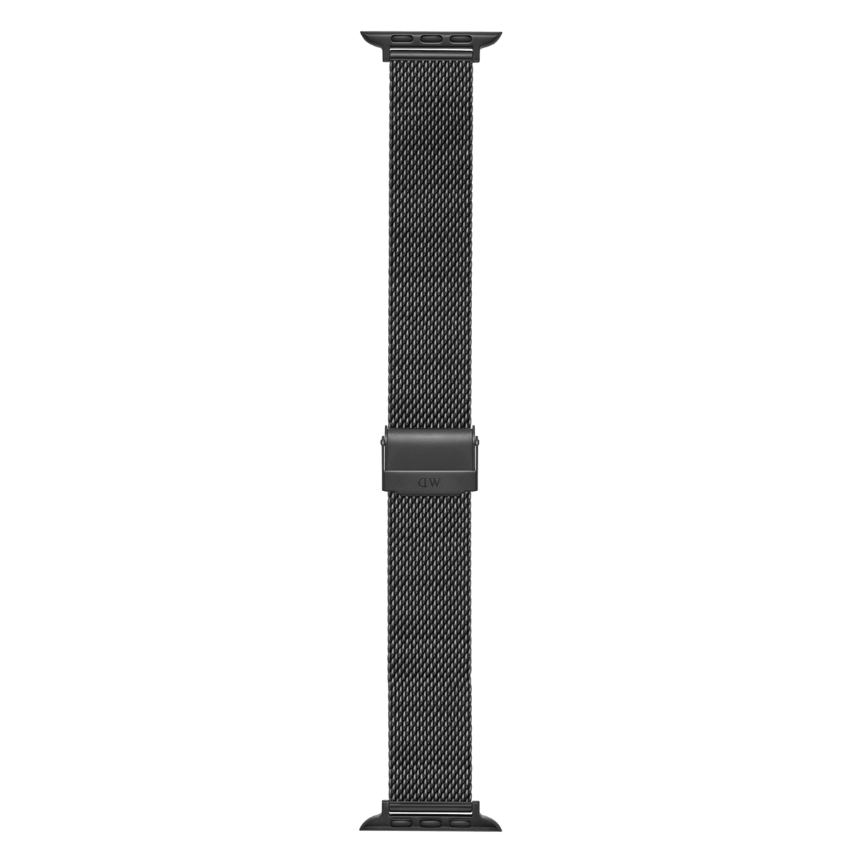 Daniel Wellingtonのスマートウォッチストラップ「Sandblasted Mesh Black」の全体像です。Apple Watch用コネクターからマットブラックのメッシュ本体、中央に配置されたロゴ入りのクラスプまで、サンドブラスト加工による均一な質感が特徴です。
