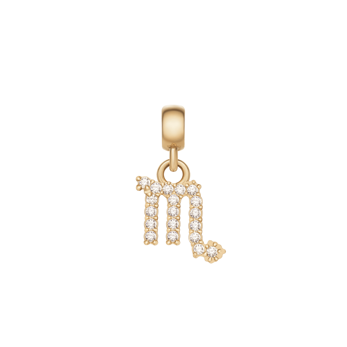 さそり座のCrystal Zodiac Charm Goldです。キュービックジルコニアで縁取られたスコーピオンのシンボルが、丸みのあるゴールドのベイルにつながれています。