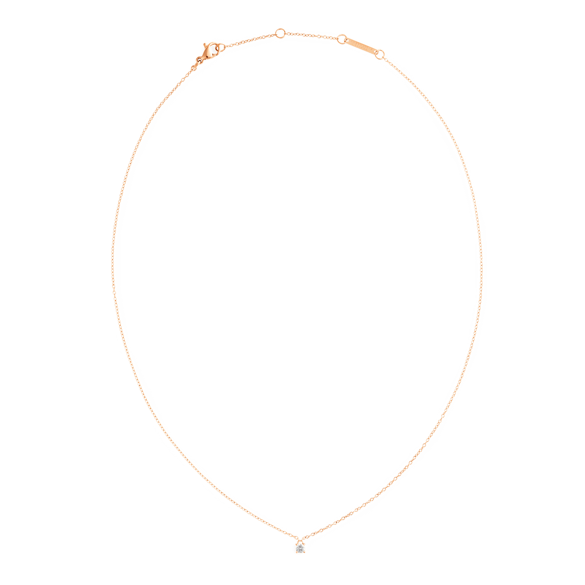 ダニエルウェリントン Mirelle Solitaire Necklace Rose Goldの全体像。繊細なローズゴールドチェーンの先端に一粒のストーンがあしらわれ、ロブスタークラスプとアジャスター付きチェーンのディテールが確認できる白背景の商品写真です。