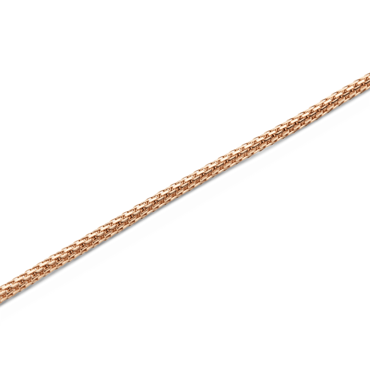 Tide Mesh Necklace Rose Gold 1.8のチェーン部分を拡大したディテール画像です。細かなリンクが規則的に編み込まれたメッシュ構造がわかり、ローズゴールドの表面が光を反射して繊細な輝きを放っています。