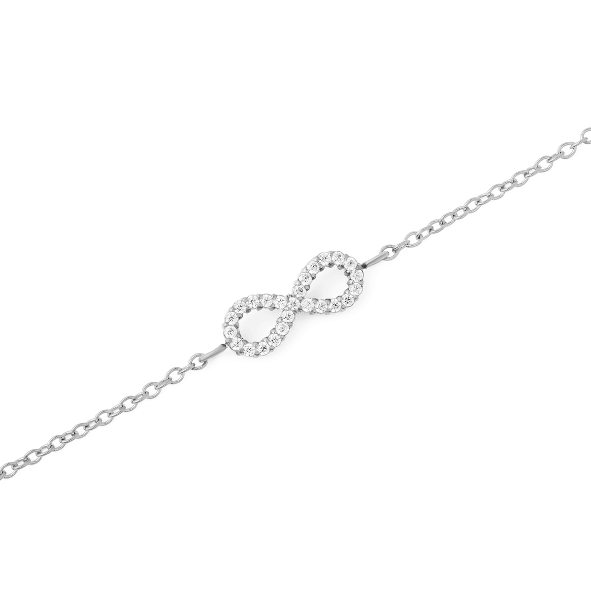 Mirelle Infinity Braceletのインフィニティモチーフ部分をクローズアップした画像です。ホワイトキュービックジルコニアが曲線に沿って一粒ずつセッティングされ、繊細な輝きを放っています。