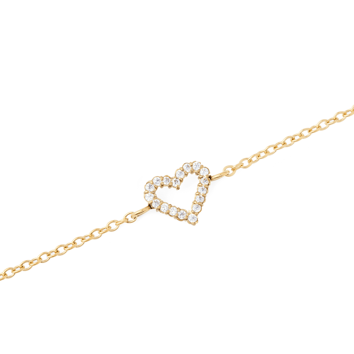 Mirelle Heart Bracelet Goldのハートモチーフ部分をクローズアップした画像です。ゴールドチェーンの中央に配された小ぶりなオープンハートの輪郭に沿って、ホワイトキュービックジルコニアが一粒ずつセットされ、繊細な輝きを放っています。