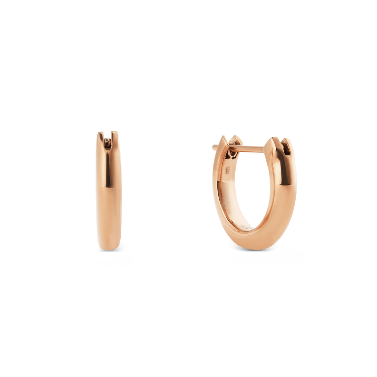 ダニエルウェリントン Arch Earrings Rose Gold 9mmを白背景で正面と側面から撮影した商品画像です。ポリッシュ加工のローズゴールドが滑らかなアーチ型の曲線を描き、ハギータイプの留め具部分が確認できます。