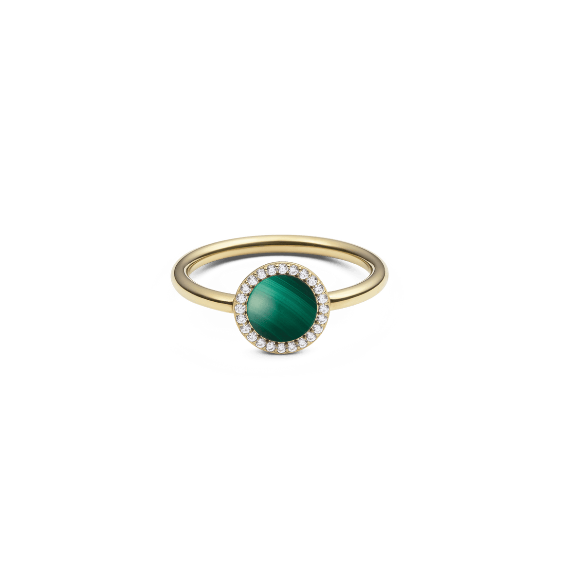 Daniel WellingtonのAudrey Ring Malachite Goldは、深いグリーンの縞模様が美しいドーム型のマラカイトを、ホワイトキュービックジルコニアのヘイローが優雅に彩るゴールドリングです。細身のデザインで、上品な印象に仕上げています。