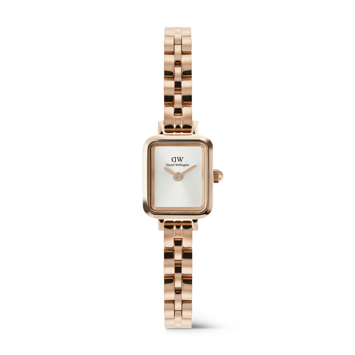 Daniel Wellington Quadro Mini Archの正面プロダクト写真。ホワイトサンレイダイヤルと、アーチ状に連なるローズゴールドの3リンクメタルブレスレットが特徴的なデザインです。