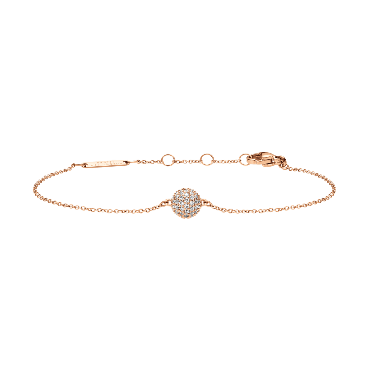 Daniel Wellington Pavé Crystal Pendant Bracelet Rose Goldの全体像です。細いローズゴールドチェーンの中央に、CZクリスタルをパヴェセッティングした球体ペンダントがあしらわれています。ロブスタークラスプとブランドロゴ入りの延長プレートも確認できます。