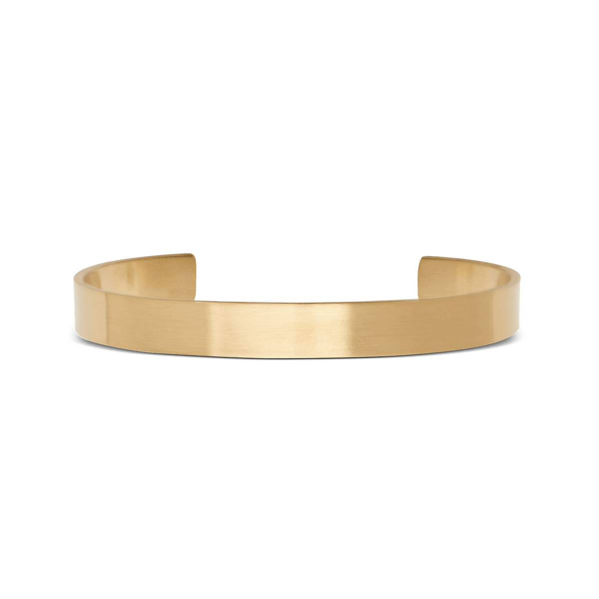 Daniel Wellington Line Cuff Brushed Goldの正面からのプロダクト画像です。マットな光沢が上品な、ブラッシュド加工のフラットゴールドバンドを使用したミニマルデザインのオープンカフブレスレットです。