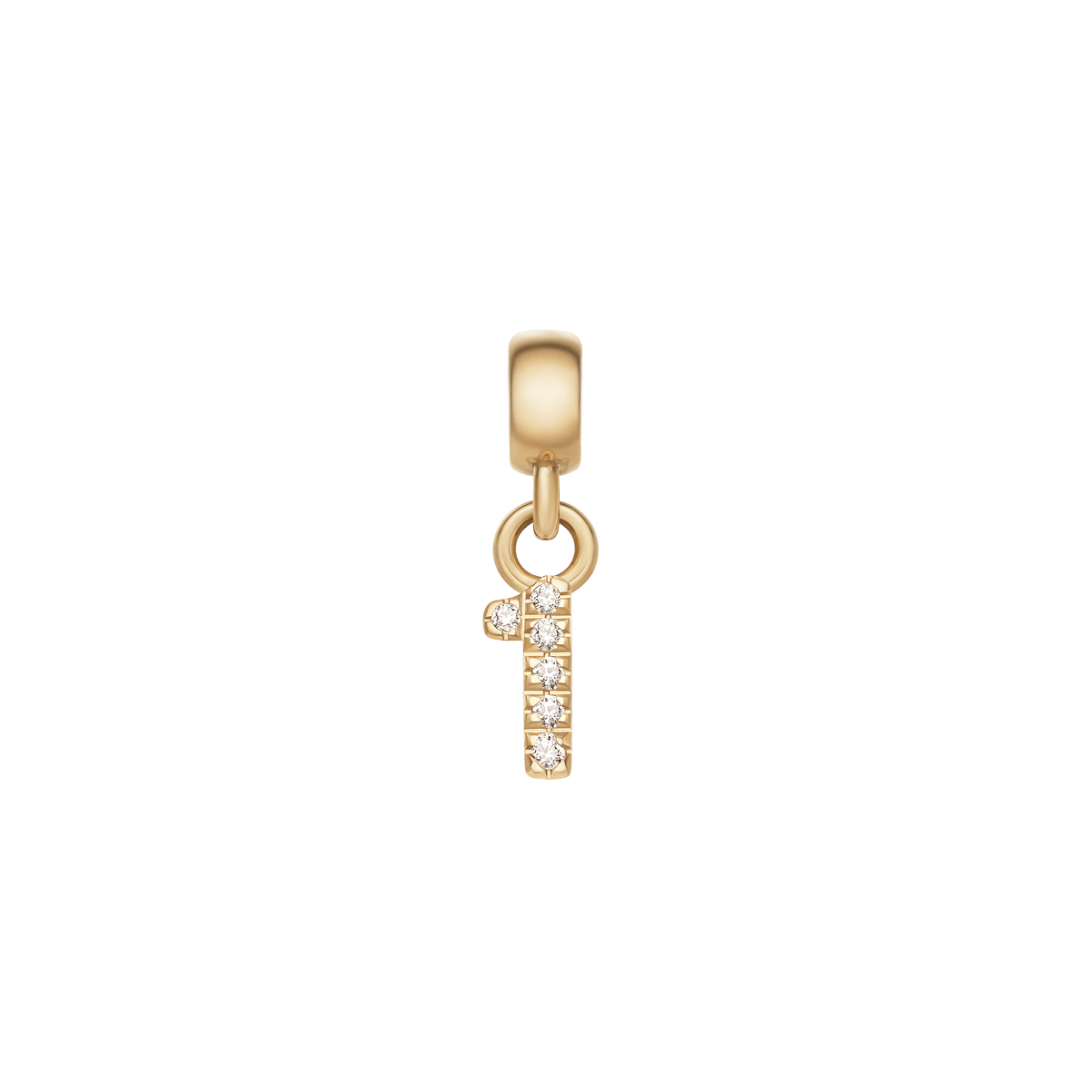 数字の「1」をモチーフにしたCrystal Number Charm Gold。縦のラインとセリフ部分にキュービックジルコニアが一列に輝き、ゴールドPVDのベイルとリングで繋がったミニマルなデザインのナンバーチャームです。
