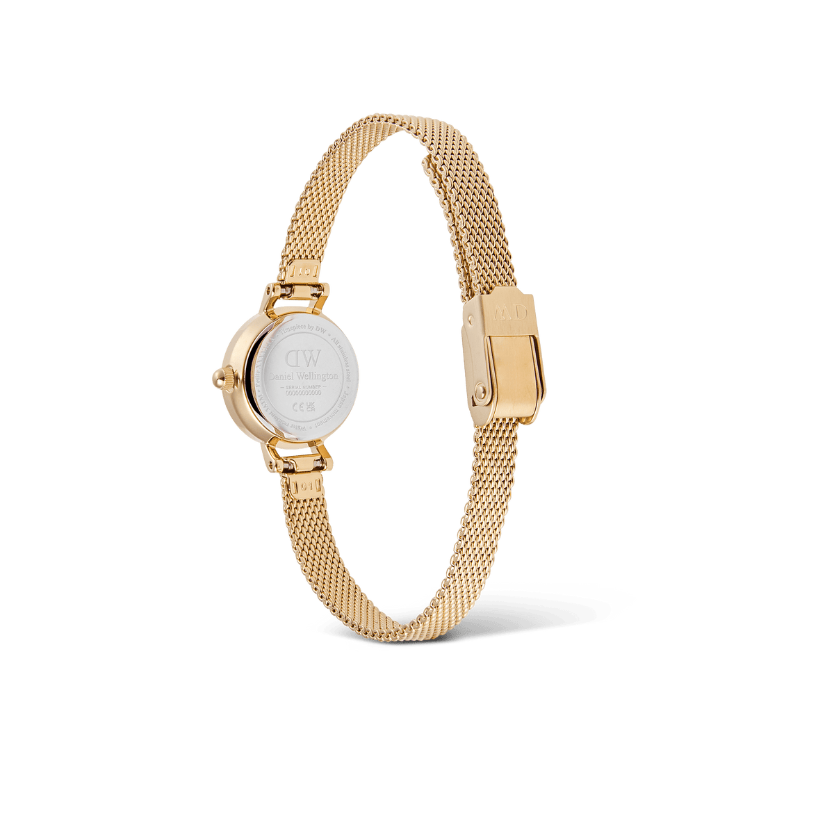 Petite Mini Evergoldの裏蓋側からの画像です。ケースバックにはDaniel Wellingtonのロゴが刻印されており、ゴールドメッシュストラップのクラスプ部分も確認できます。また、クイックリリース機構によるストラップ交換の仕組みもご覧いただけます。