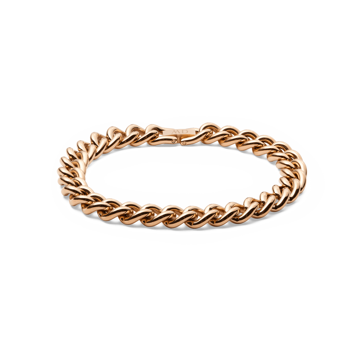Daniel WellingtonのChunky Chain Bracelet Rose Goldの全体像です。ポリッシュ仕上げのローズゴールドチェーンが連なり、留め金部分にはDWのロゴが刻印されています。