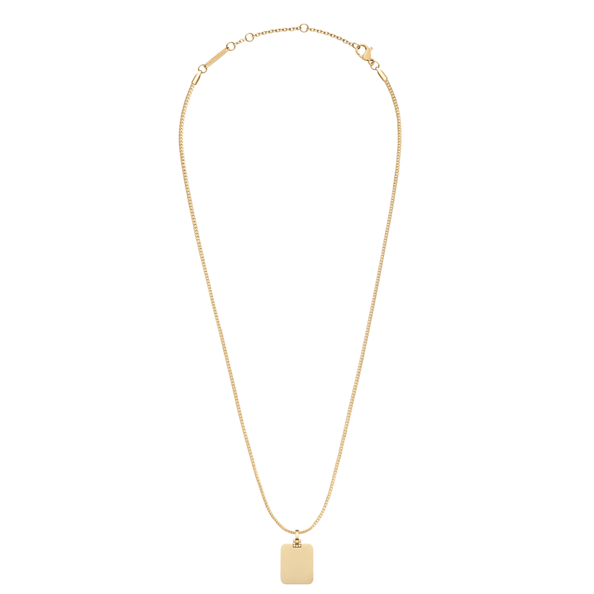 ダニエルウェリントンのRectangular Detail Crystal Pendant Gをゴールドチェーンに通したネックレスの全体写真です。細身のカーブチェーンに、クリスタルがあしらわれた長方形のペンダントトップが下がっており、留め具やアジャスター部分までしっかりと確認できます。