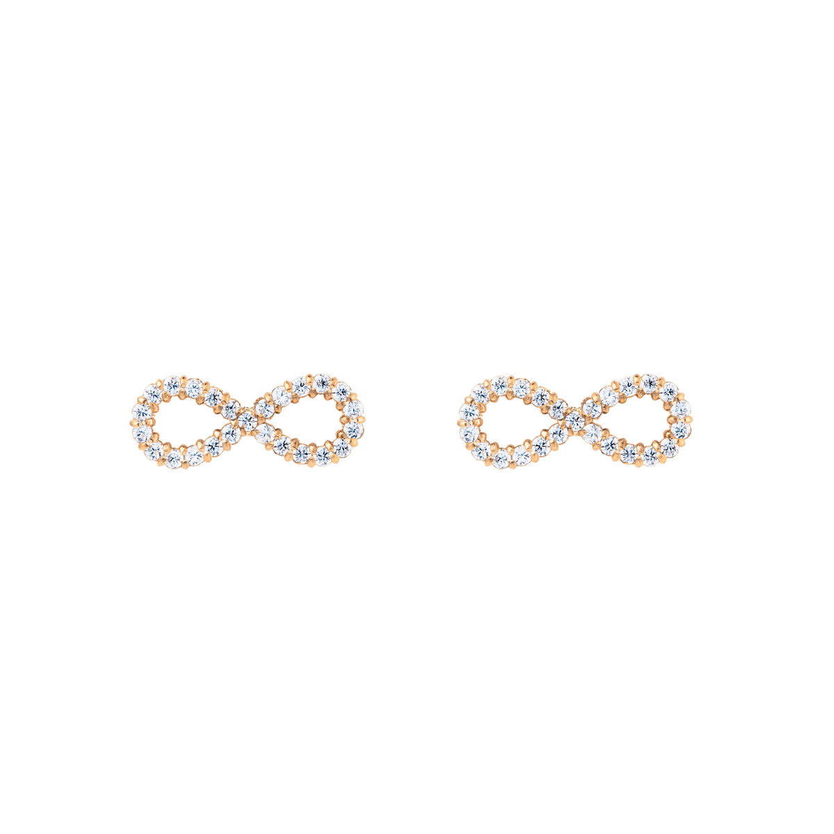 ダニエルウェリントン Mirelle Infinity Earrings Rose Goldの商品画像。白い背景に、8の字を描くインフィニティラインに沿ってホワイトキュービックジルコニアが一粒ずつセットされたローズゴールドのスタッドピアスを正面から撮影しています。