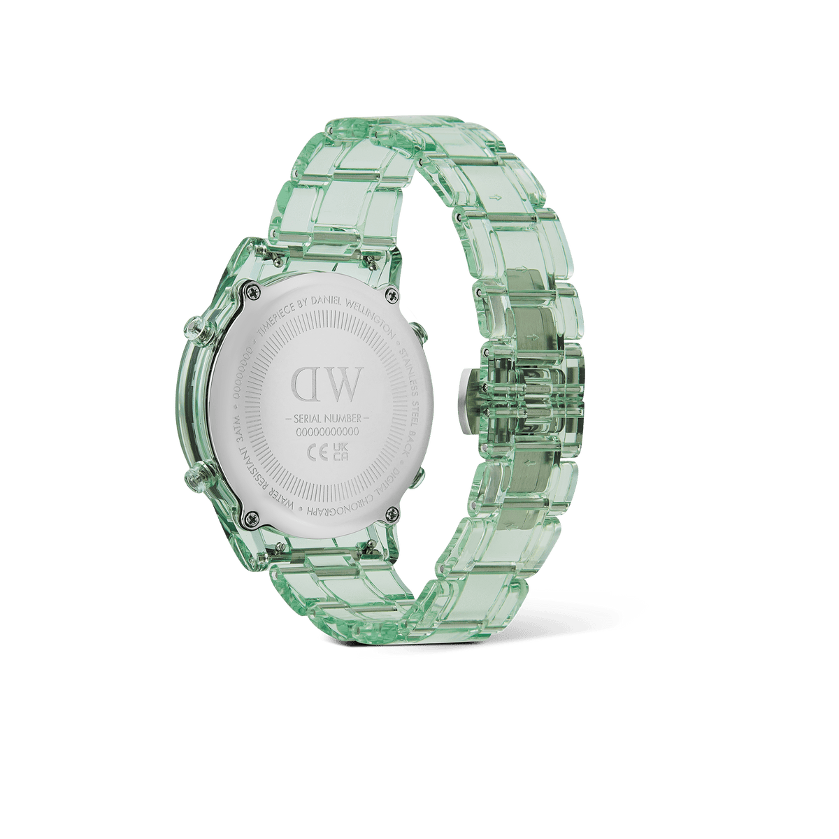 Retro Digital Light Greenを裏蓋側から撮影した画像です。ステンレススチール製の裏蓋にはDaniel Wellingtonのロゴやシリアルナンバー、3ATM防水の表記が刻印されています。また、ライトグリーンの半透明ブレスレットは、リンク構造が裏側からも美しく見える仕上がりです。
