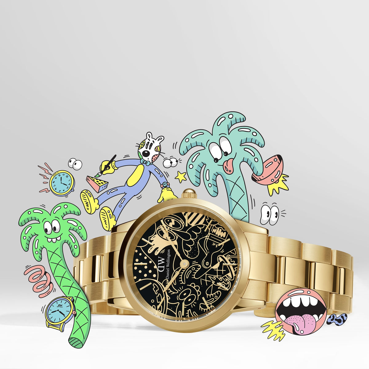 Steven Harrington x Daniel Wellingtonの限定モデル「Iconic Link」は、デュアルトーンゴールドの上品なデザインに、ハリントンのカラフルなイラストレーションが施された特別な腕時計です。ヤシの木や個性的なキャラクターが文字盤を彩り、遊び心あふれるコラボレーションの世界観を表現しています。