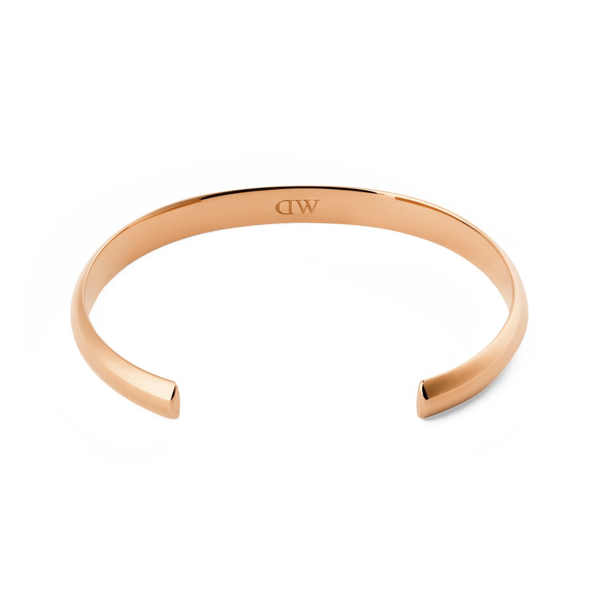ローズゴールドのカフブレスレット「Arch Cuff Rose Gold 6mm」を内側から捉えた画像です。内側にはブランドロゴの刻印が確認でき、6mm幅の開口部や端面の仕上げがわかる一枚となっています。