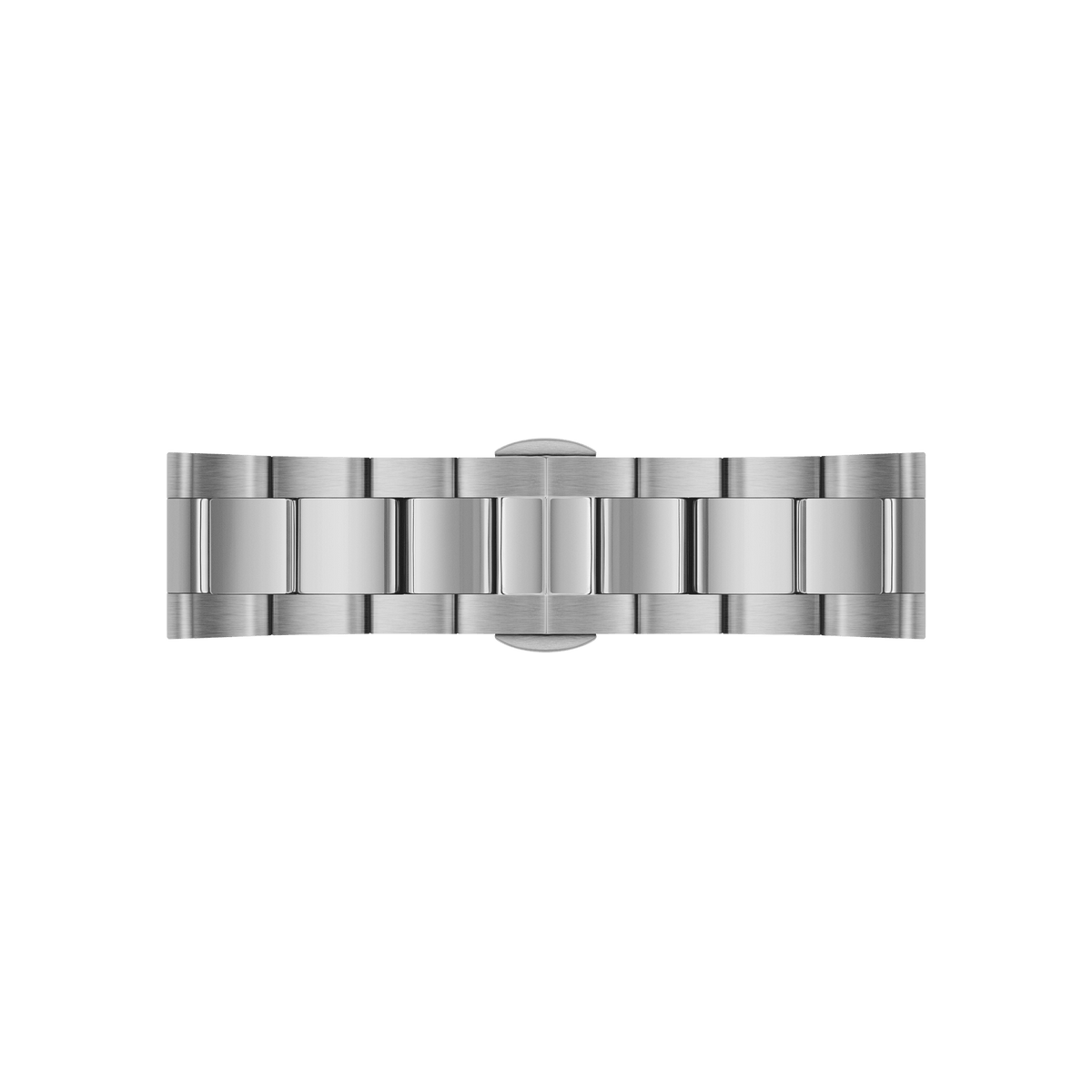 Iconic Chronograph Arcticのシルバーステンレススチール製リンクブレスレットを拡大した画像です。ヘアラインとポリッシュを交互に施したコマの質感や、フラットに収まるプッシュ式バタフライクラスプの細部までご確認いただけます。
