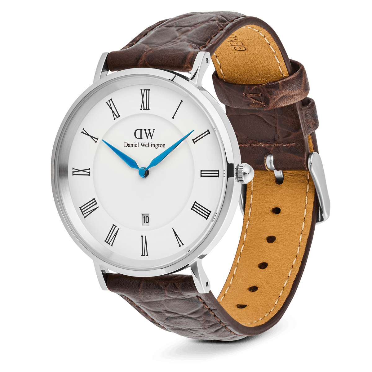 ダニエルウェリントン Classic Roman Numerals Date Dark Brown Croc Belly Silverを斜め横から捉えた画像です。ストラップ裏面のナチュラルレザーやステッチの仕上げ、リューズの細部まで確認できます。ホワイト文字盤にブルーの針が鮮やかに映えるデザインです。