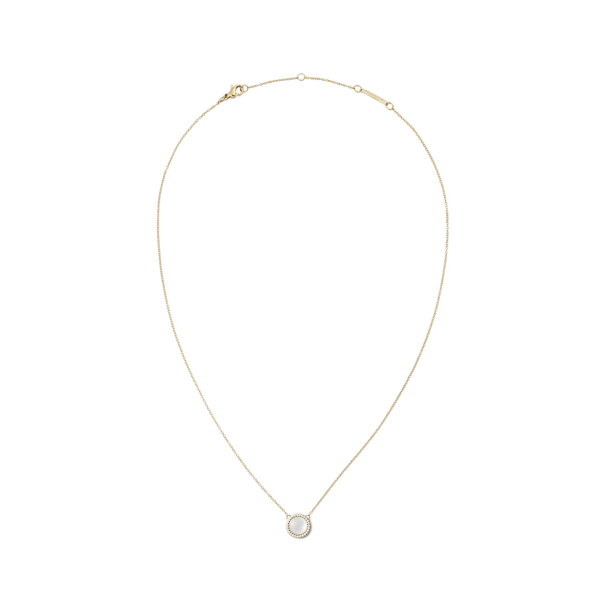 ダニエルウェリントン Audrey Necklace Mother of Pearl Goldの全体像。細身のゴールドチェーンの中央に、キュービックジルコニアのヘイローで囲まれた丸型のマザーオブパールチャームが配置され、ロブスタークラスプとブランドロゴプレートが確認できます。