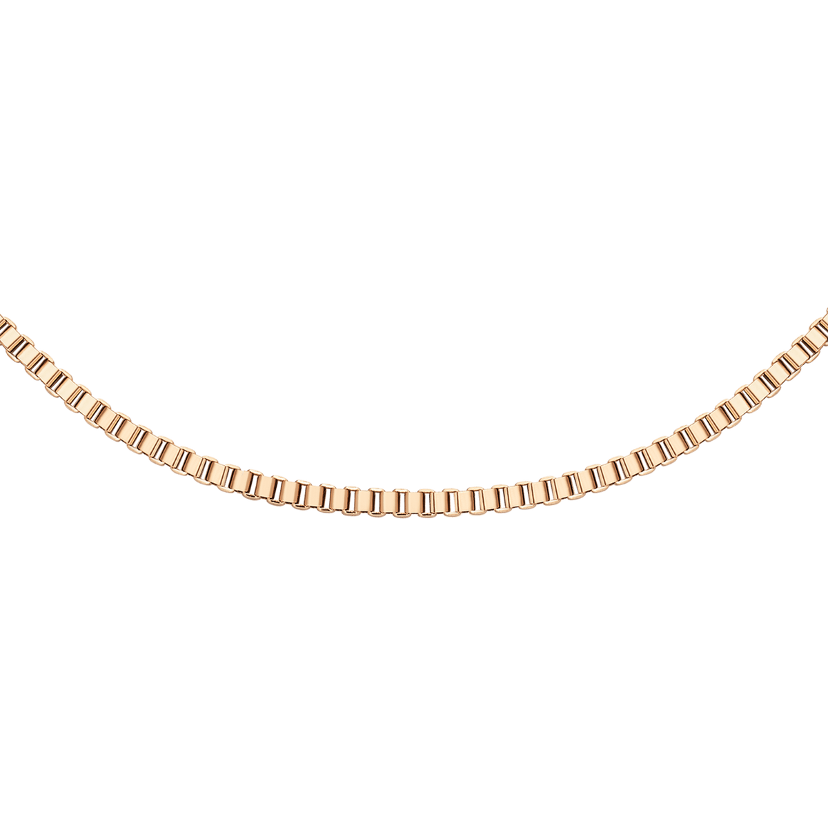 Daniel WellingtonのBox Chain Necklace RGをクローズアップ。四角いコマが規則正しく連なるボックスチェーンのローズゴールドの輝きと、端正なディテールが際立ちます。