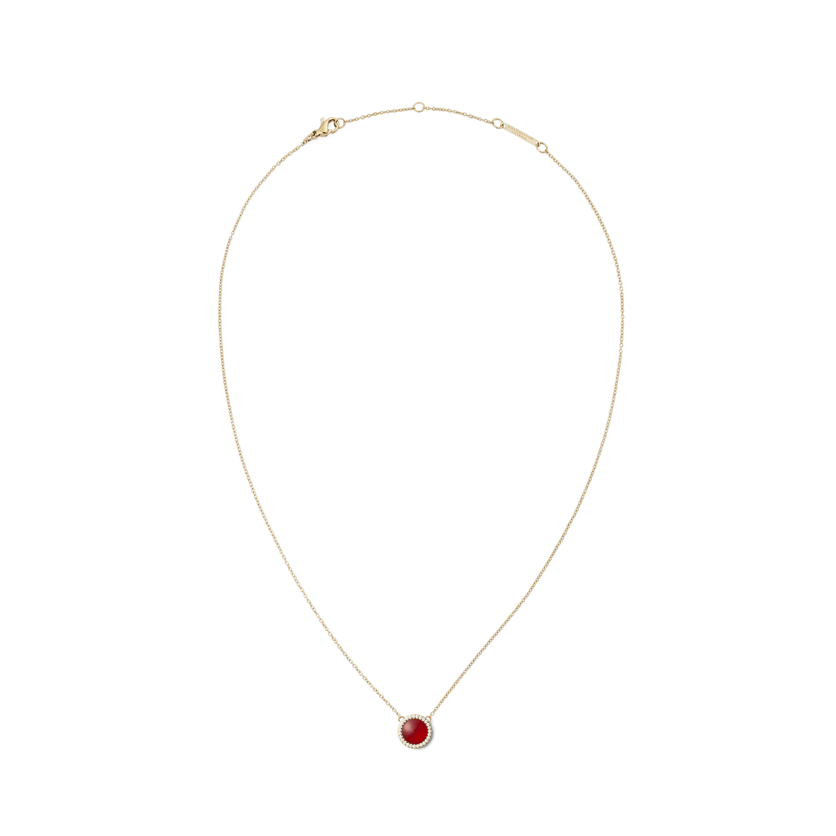 ダニエルウェリントン Audrey Necklace Red Agathe Goldの全体像。細身のゴールドチェーンの中央に、ホワイトキュービックジルコニアのヘイローで縁取られた深い赤色のメノウペンダントがあしらわれています。