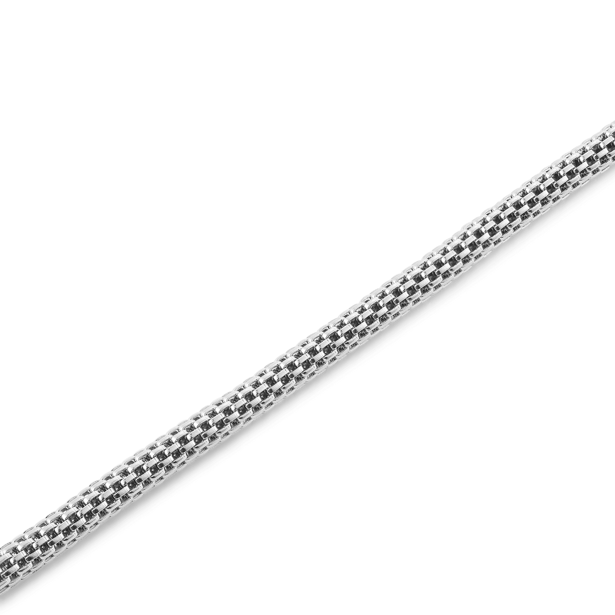 Tide Mesh Bracelet Sterling 2.8のメッシュチェーン部分を拡大した画像です。316Lステンレススチールを筒状に編み込んだ、繊細でありながら上質な質感が特徴です。光を反射して輝くシルバーカラーの美しい光沢もご確認いただけます。