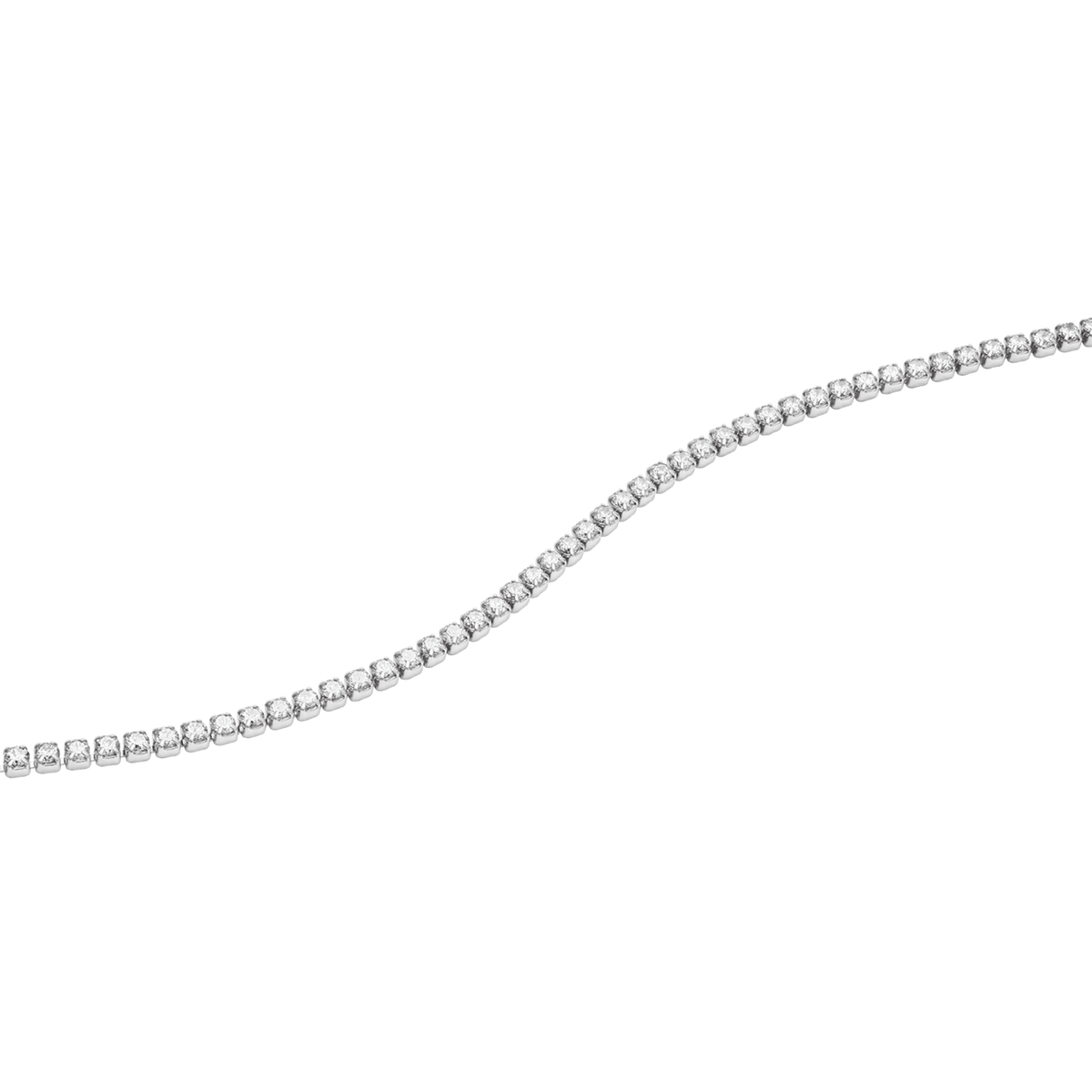 シルバーのClassic Tennis Braceletをクローズアップ。2mmのキュービックジルコニアが一粒ずつ爪留めされた細身のチェーンが、緩やかなカーブを描きながら途切れることのない輝きを放ちます。