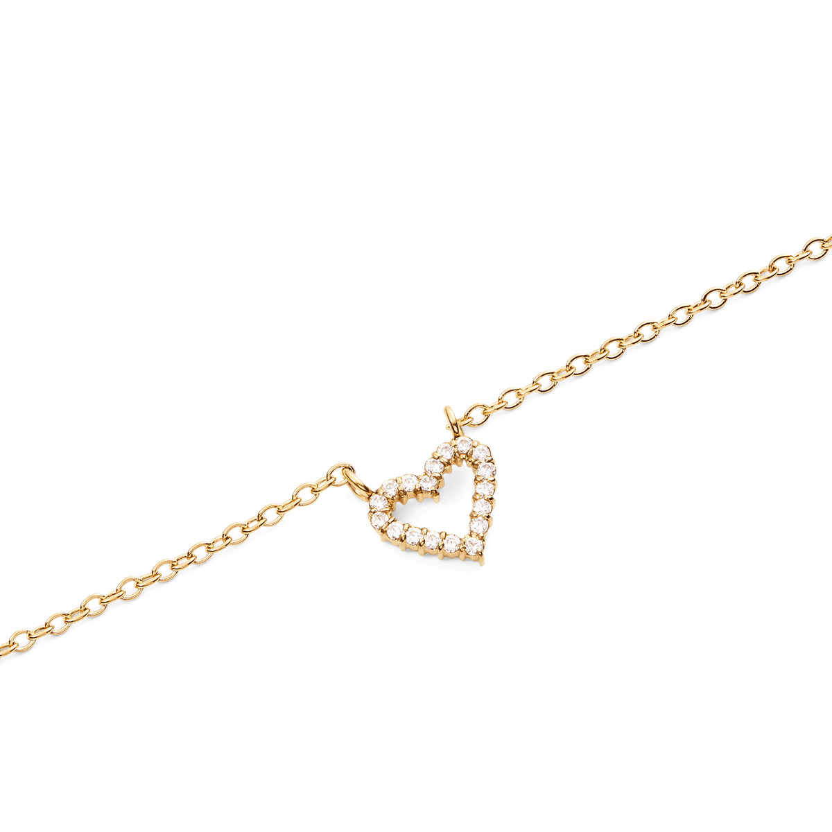 Mirelle Heart Necklace Goldのハートチャーム部分をクローズアップ。ゴールドのチェーンに吊り下げられたオープンハート型のペンダントには、ホワイトキュービックジルコニアが一粒ずつ爪留めされ、繊細な輝きを放っています。