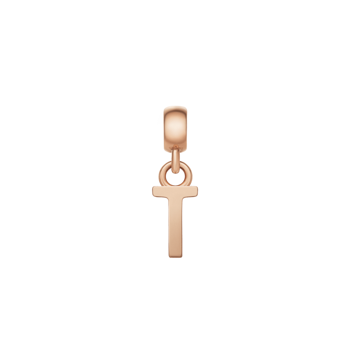 Daniel WellingtonのLetter Charm Rose Gold「T」は、水平と垂直の直線が交わるシンプルなデザインが特徴です。ローズゴールドのなめらかな輝きが白い背景に映え、上品なイニシャルチャームに仕上がっています。