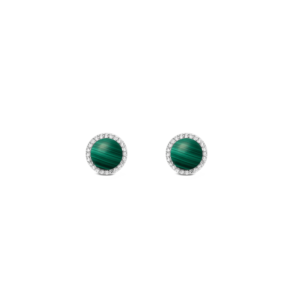 Daniel WellingtonのAudrey Earrings Malachite Silverは、鮮やかなグリーンの天然マラカイトを中央に配し、ホワイトキュービックジルコニアのヘイローが輝くシルバーのスタッドピアスです。