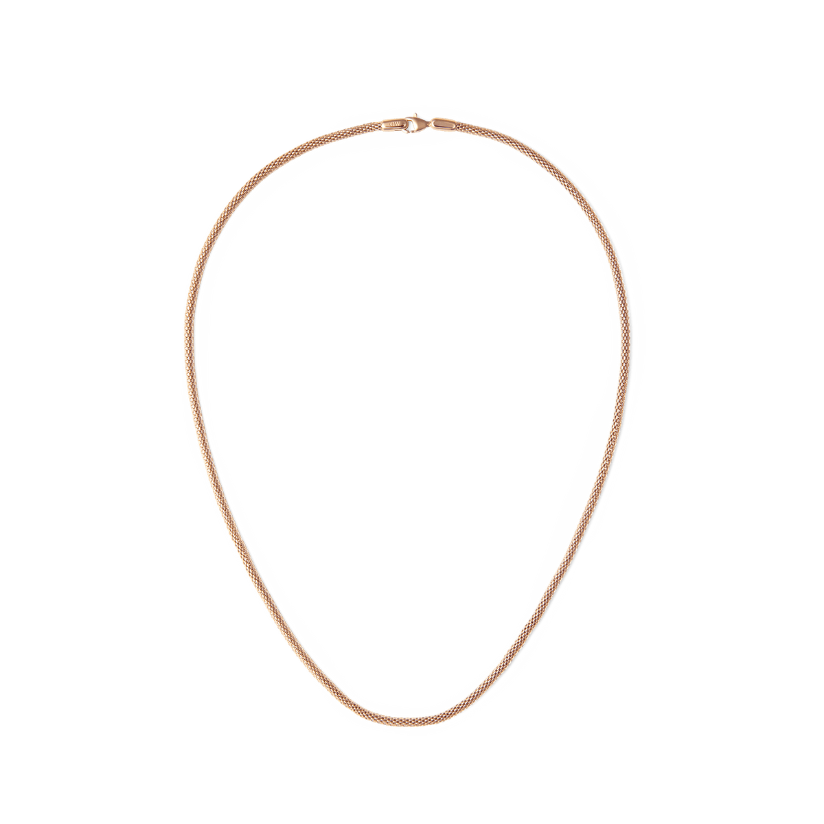 Daniel Wellington Tide Mesh Necklace Rose Gold 2.8は、緻密なメッシュ編みのローズゴールドチェーンとロブスタークラスプを備えたユニセックスデザインのネックレスです。白背景に撮影された商品全体の画像です。