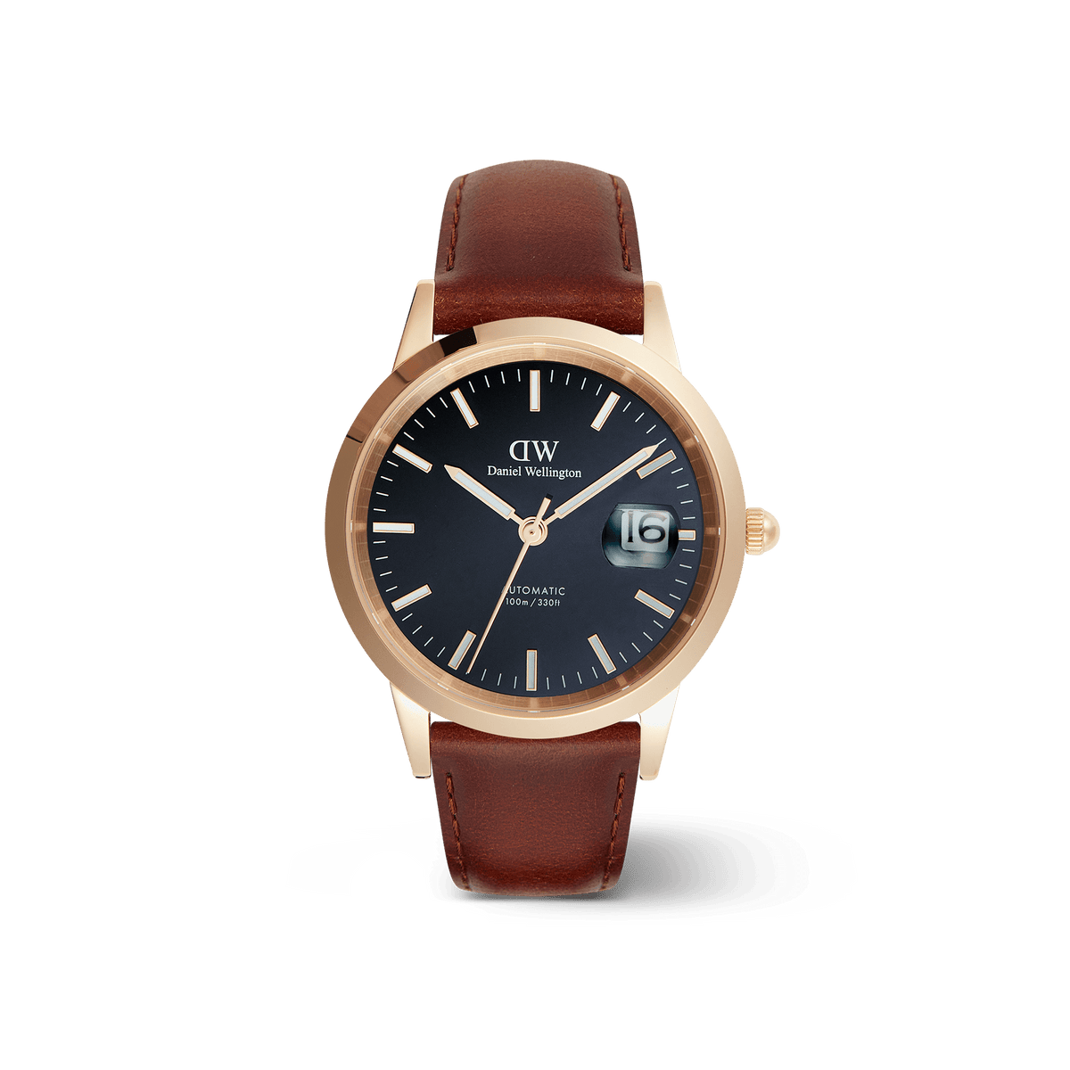 Iconic St Mawes Automatic Rose Goldの正面画像です。深みのあるブラックの文字盤に、ローズゴールドの夜光バーインデックスと針を配し、3時位置には日付表示の拡大窓を設けています。ブラウンのレザーストラップはステッチが施され、温かみのある質感に仕上げています。