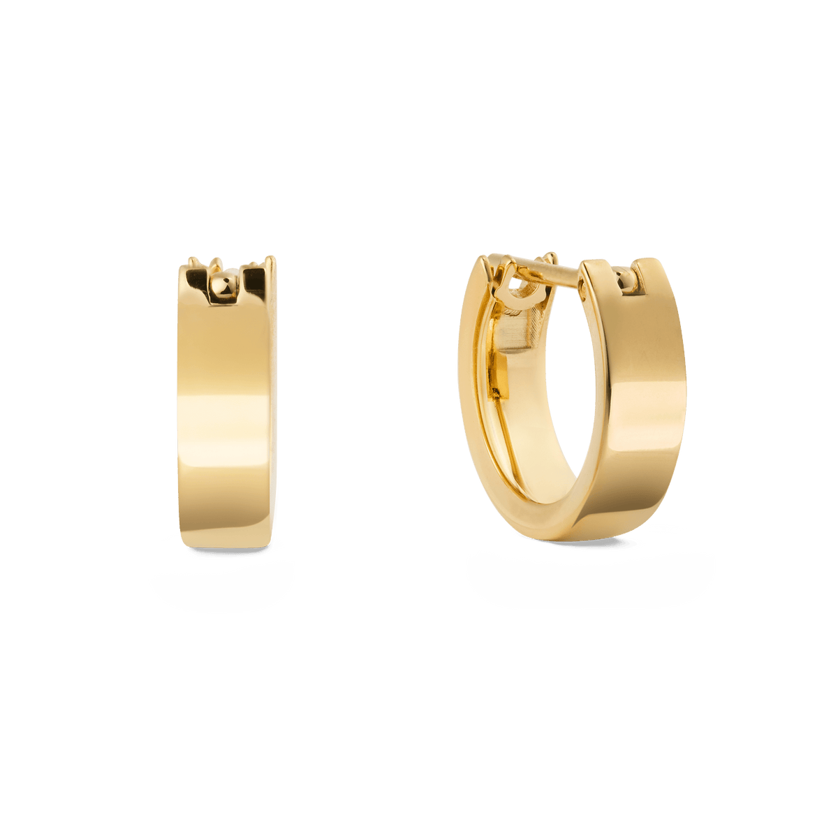 Daniel Wellington Line Earrings Polished Gold 3.5mmを正面と斜めから撮影した画像です。フラットな鏡面仕上げのゴールドフープピアスで、ラッチバック式の留め具が特徴のコンパクトなデザインです。