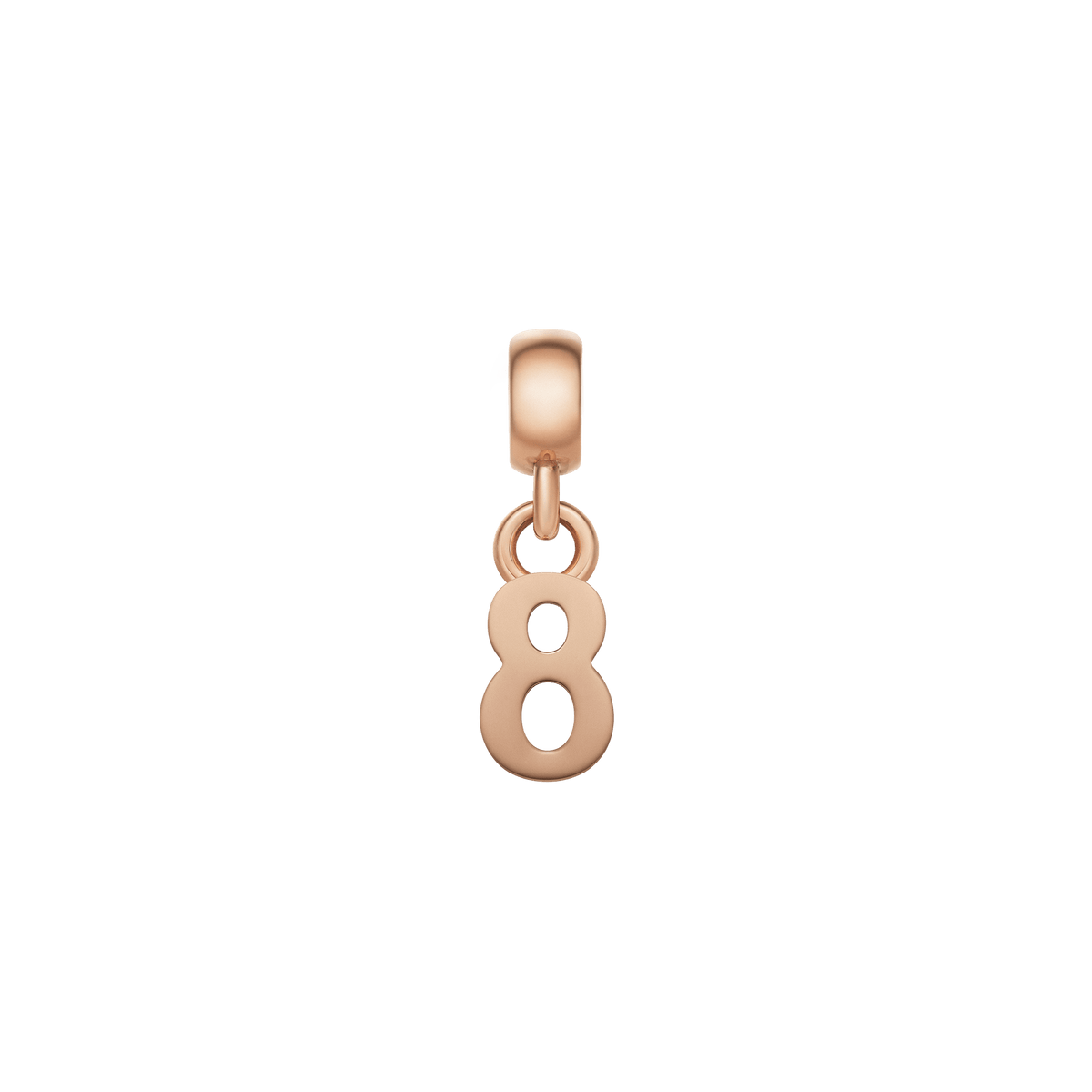 Daniel WellingtonのNumber Charm Rose Goldは、数字の「8」をモチーフにしたデザインです。ふたつの丸い抜きが連なるシンメトリーなフォルムに、ローズゴールドのポリッシュ加工が上品な輝きを添えています。