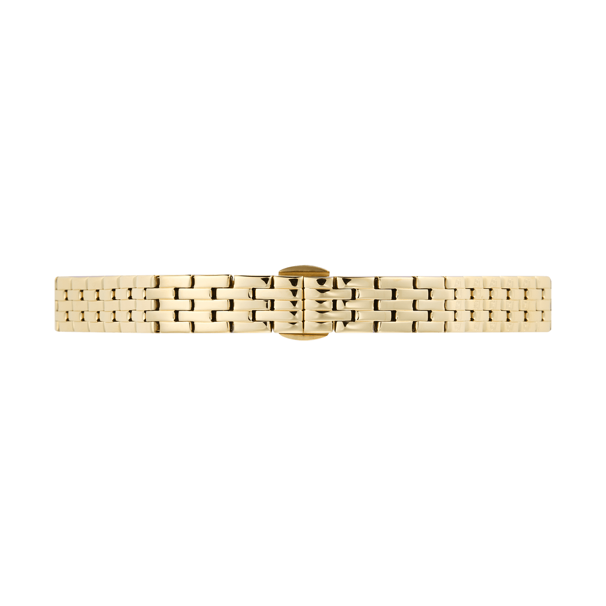 Daniel Wellington 5-Link Strap Goldの裏側から見たバタフライバックル部分をクローズアップした画像です。ポリッシュ仕上げのゴールドカラー5列リンクと、フラットに閉じるバックル構造がご覧いただけます。